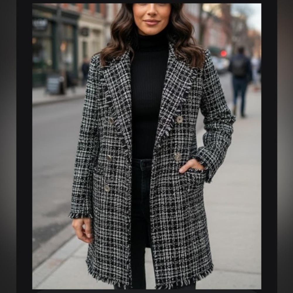 DKNY Black and White Tweed Coat